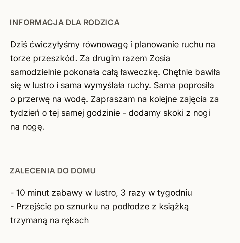 Fragment szkicu notatki z zajęć w MedNotce (dane fikcyjne): sekcje Informacja dla rodzica i Zalecenia do domu.
