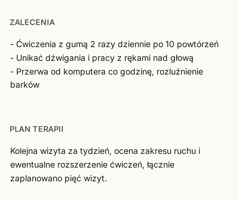 Fragment szkicu karty pacjenta w MedNotce (dane fikcyjne): sekcje Zalecenia i Plan terapii.