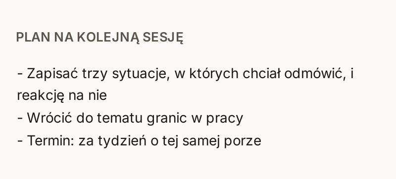 Fragment szkicu notatki z sesji w MedNotce (dane fikcyjne): sekcja Plan na kolejną sesję.