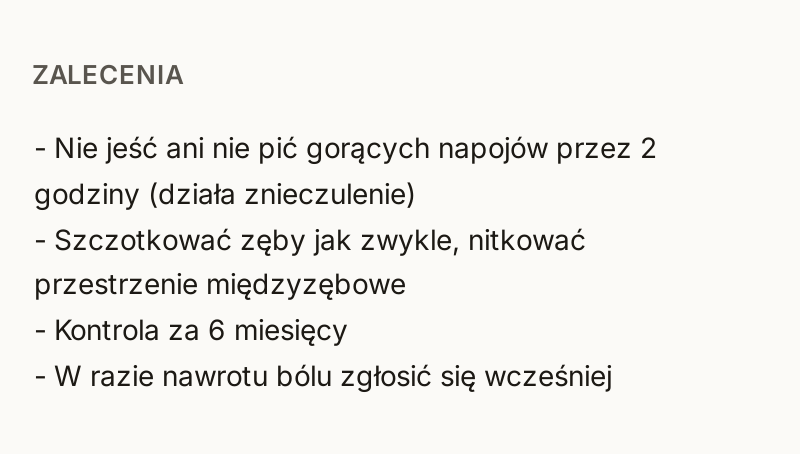 Fragment szkicu notatki z wizyty stomatologicznej w MedNotce (dane fikcyjne): sekcja Zalecenia z czterema zaleceniami dla pacjentki.