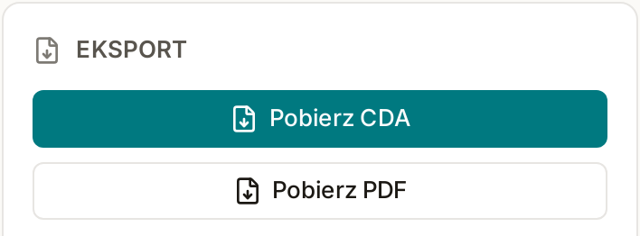 Prawdziwy panel eksportu w MedNotce po zatwierdzeniu kodów: przyciski „Pobierz CDA” i „Pobierz PDF”.