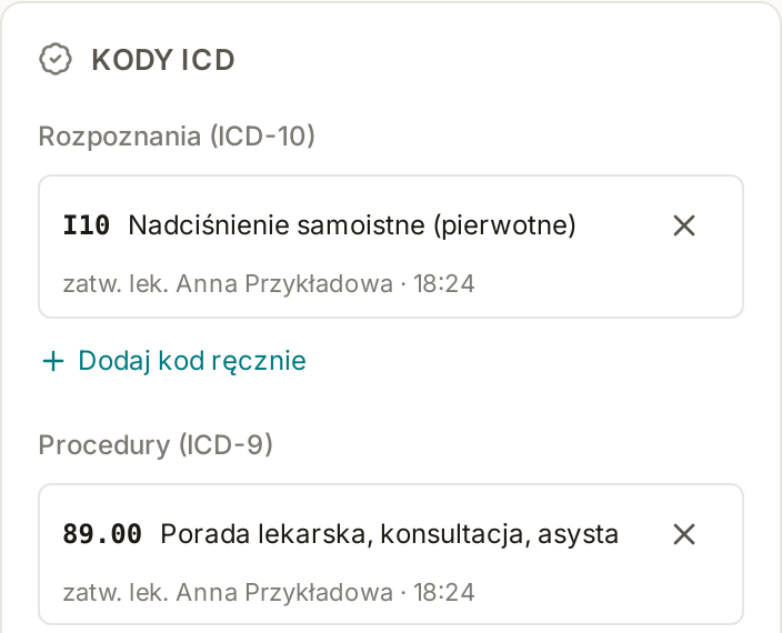 Panel kodów w MedNotce po zatwierdzeniu (dane fikcyjne): przy kodach I10 i 89.00 dopisek „zatw. lek. Anna Przykładowa” z godziną.