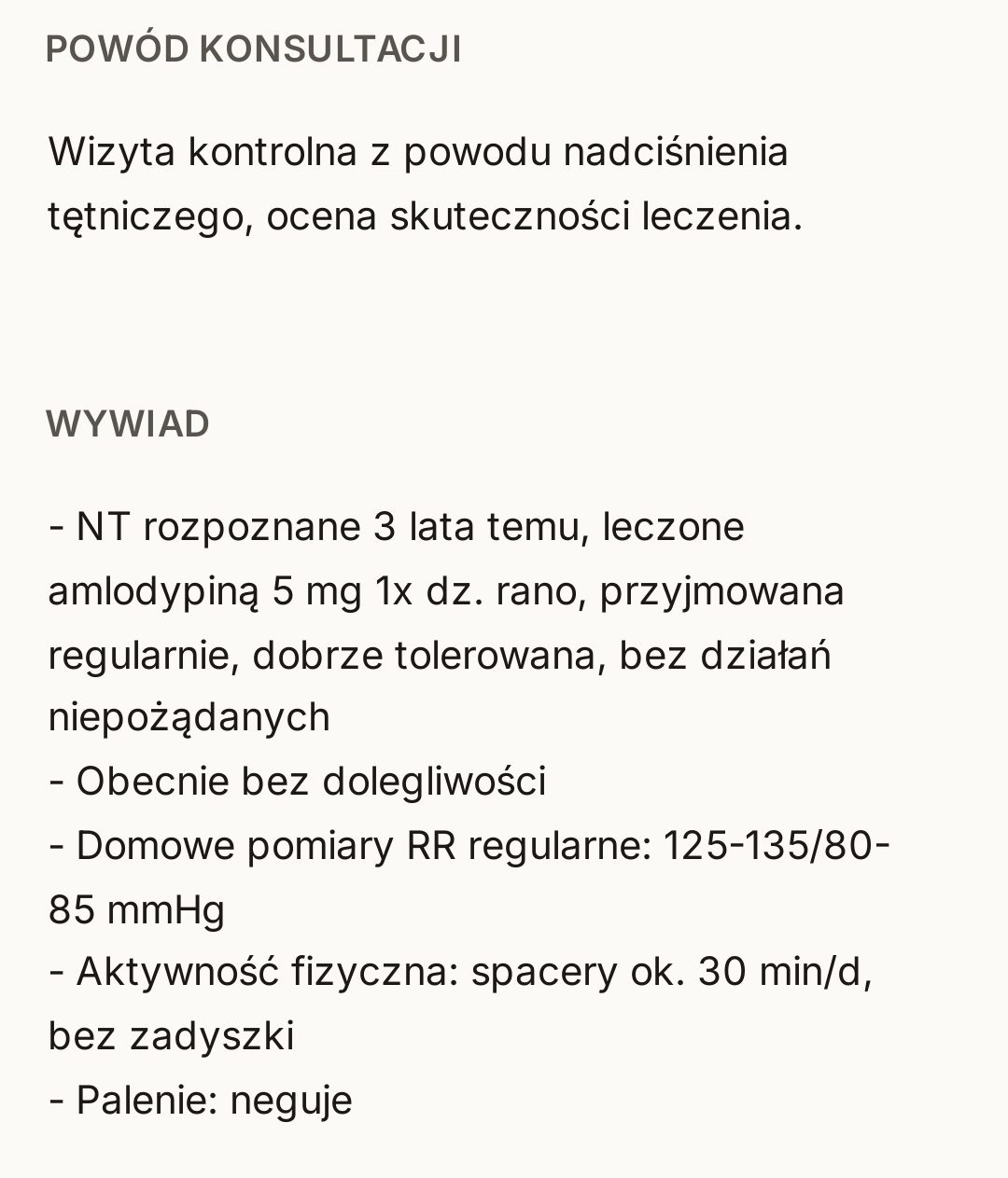 Prawdziwy ekran MedNotki: szkic notatki tej wizyty — powód konsultacji i wywiad (leczenie amlodypiną, domowe pomiary ciśnienia, spacery, pacjent niepalący). Dane fikcyjne.