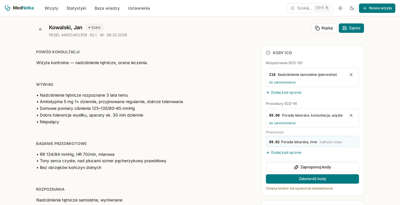 Prawdziwy ekran MedNotki z przykładową wizytą kontrolną pacjenta z nadciśnieniem tętniczym (dane fikcyjne): notatka z wizyty i propozycje kodów I10 (ICD‑10) i 89.00 (ICD‑9‑PL) oznaczone „do zatwierdzenia”.